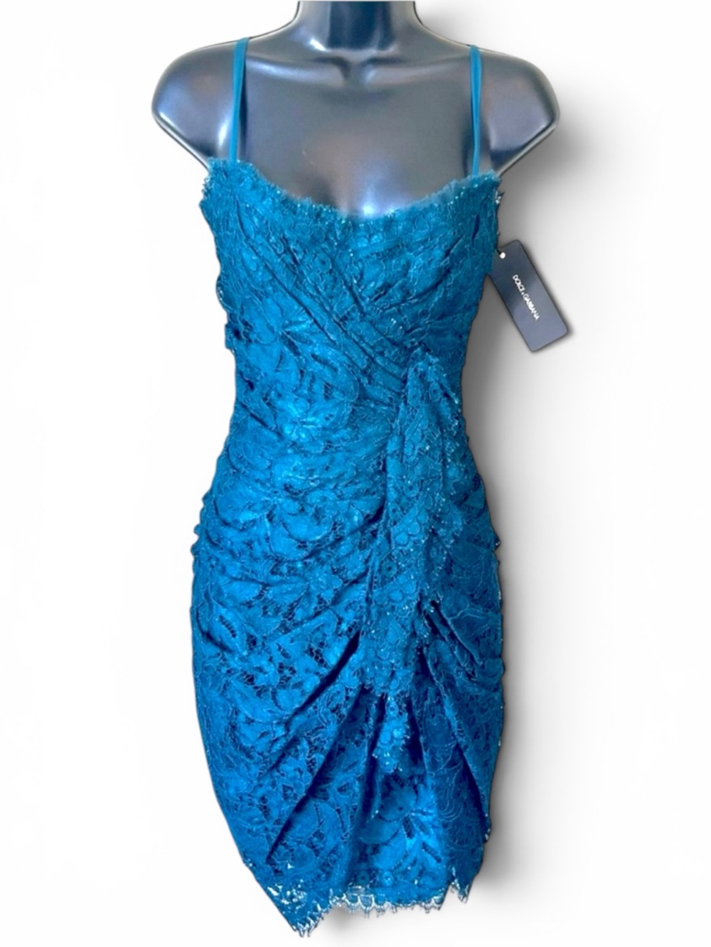 • NWT •  Dolce & Gabbana Petrol Blue Ruched Lace Bustier Dress